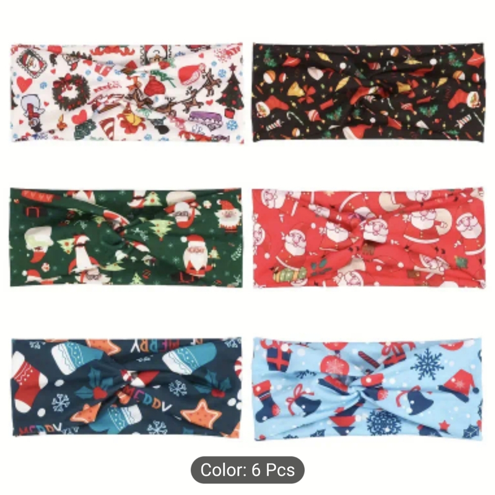 🎄 Christmas Twist Headbands – Holiday Prints – 6-Piece Set, T15MIS